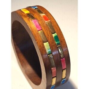 Vintage Wood Colorful Shell Brass Inlay Artsy Tribal Chunky Bangle Bracelet